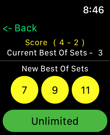 Tennis - Score Keeper - Tennis Score Keeper app interface on Apple Watch showing options to select the number of sets for a match including 7 9 11 or unlimited