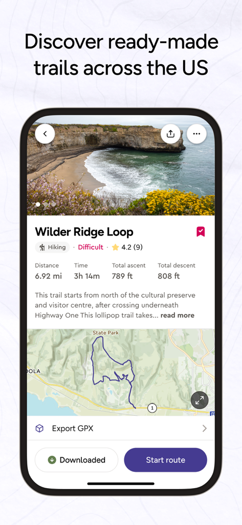 OS Maps: Walk, Hike, Run, Bike - Interfaz de la aplicación móvil OS Maps mostrando detalles de la ruta de senderismo que incluyen distancia, elevación y un mapa de la ruta