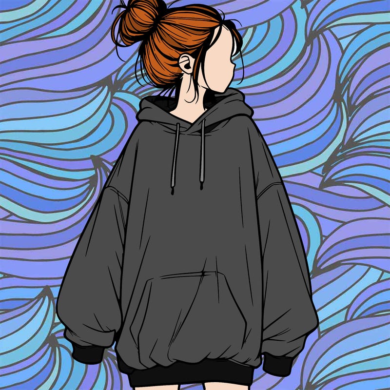 realistic girl with a oversized sweatshirt on and a bun