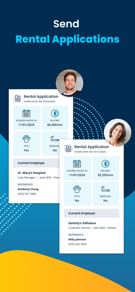 TurboTenant for Landlords - A mobile interface of the TurboTenant app showing digital rental applications with tenant income, employment, and pet details.