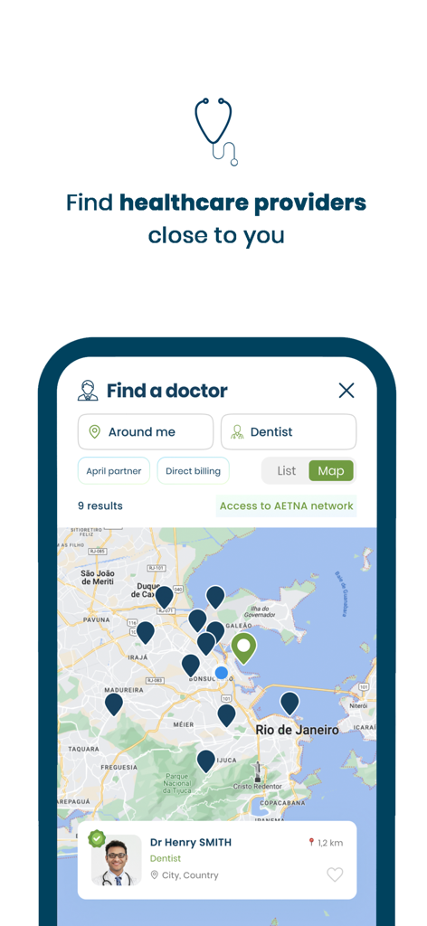 APRIL International Easy Claim - The Find a doctor map screen in the APRIL International Easy Claim app displaying local healthcare providers