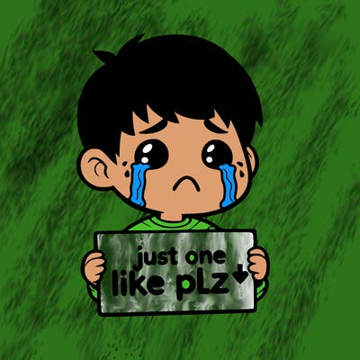 realistic crying boy with a sign saying just one like plz