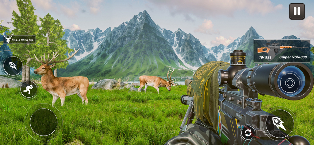 Wild Hunter Deer Hunting Games - Vista de francotirador en primera persona de caza de ciervos en un prado de montaña