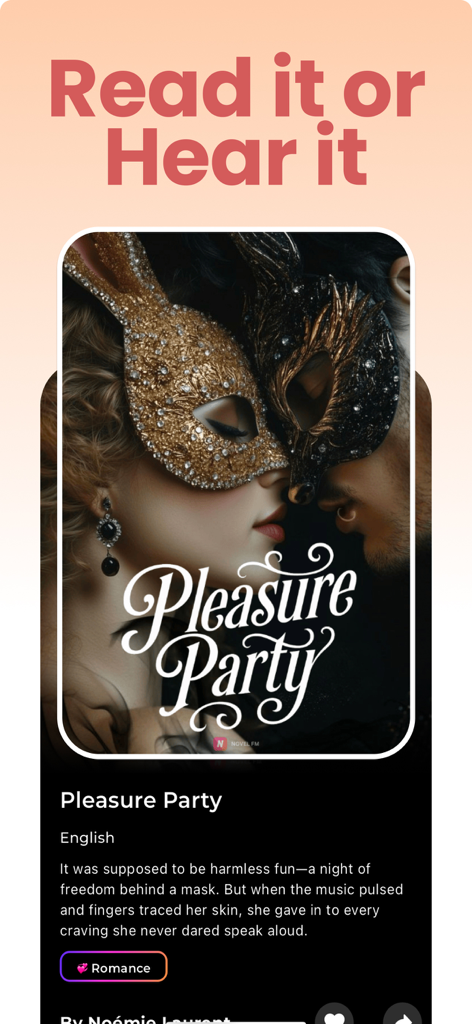 Spicy AI: Spicy Audio Stories - Spicy AI mobile app interface showing a romance audio story titled Pleasure Party featuring a masked couple on the cover