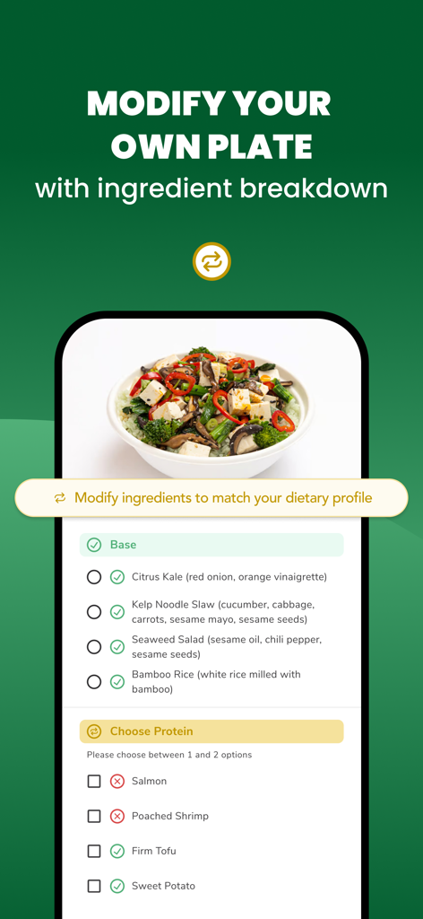 Foodini US - Foodini app interface showing meal modification options and ingredient safety breakdown for dietary profiles