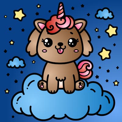 cute dog on a cloud with a unicorn horn
