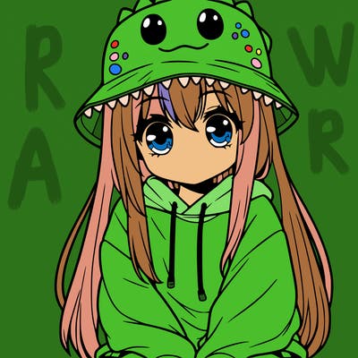 girl with anime shaped eyes with a dinosaur bucket hat oversized sweatshirt long straight hair