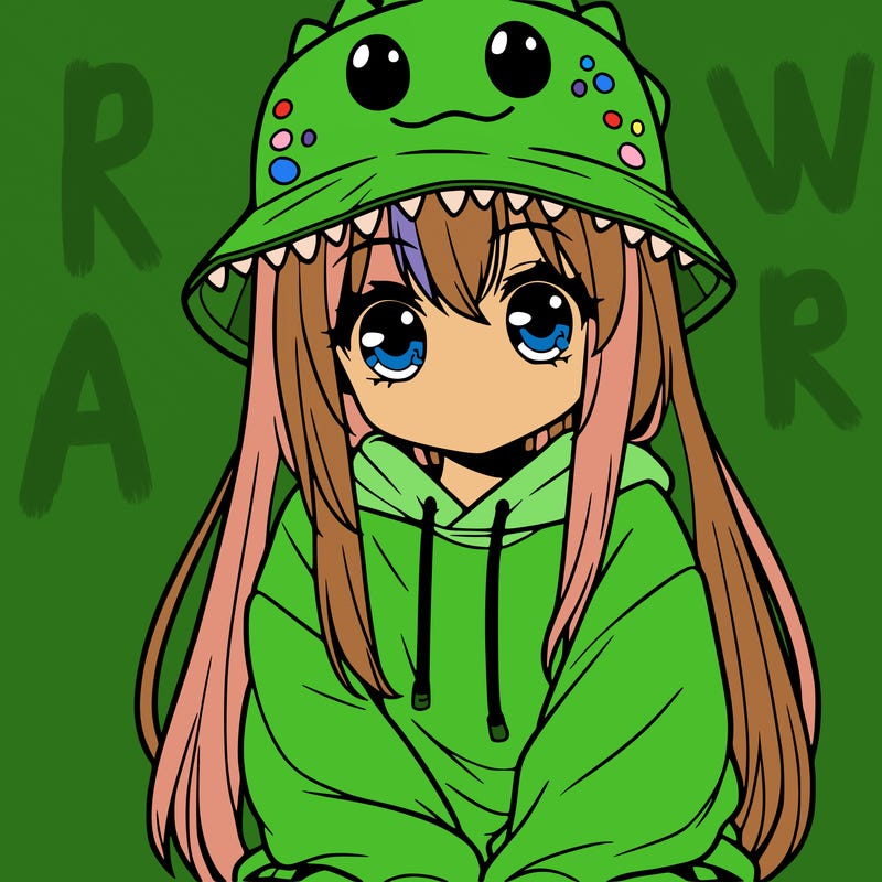 girl with anime shaped eyes with a dinosaur bucket hat oversized sweatshirt long straight hair