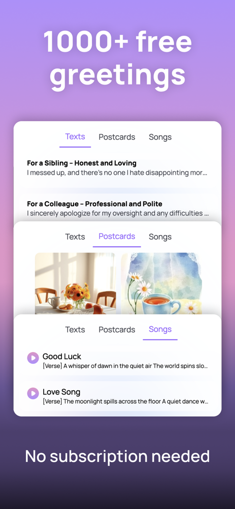 SingMyWish - AI Songs & Poems - Interfaz de la aplicación SingMyWish que muestra más de 1000 textos de felicitación, postales y canciones IA gratuitos.