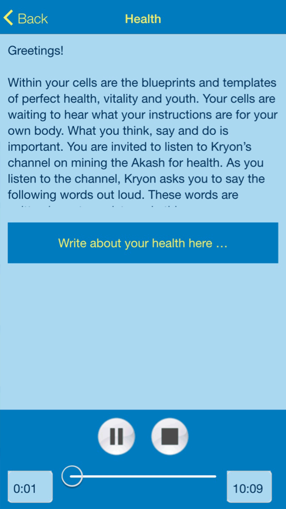 Pantalla de la categoría Salud en la aplicación Akashic Power con texto espiritual sobre sanación y un reproductor de audio para meditación.