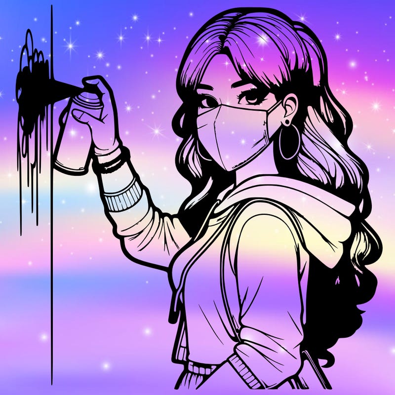 realistic girl with mask spray painting a wall