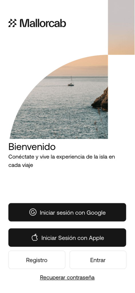 Pantalla de bienvenida y de inicio de sesión de la aplicación Mallorcab, con una imagen de la costa mediterránea.