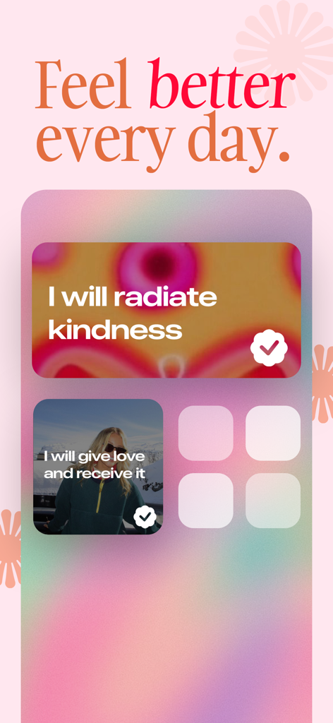 Dot - Daily Affirmation Widget - Ejemplo de widgets de afirmaciones diarias de Dot en la pantalla de inicio de un iPhone con el titular Siéntete mejor cada día