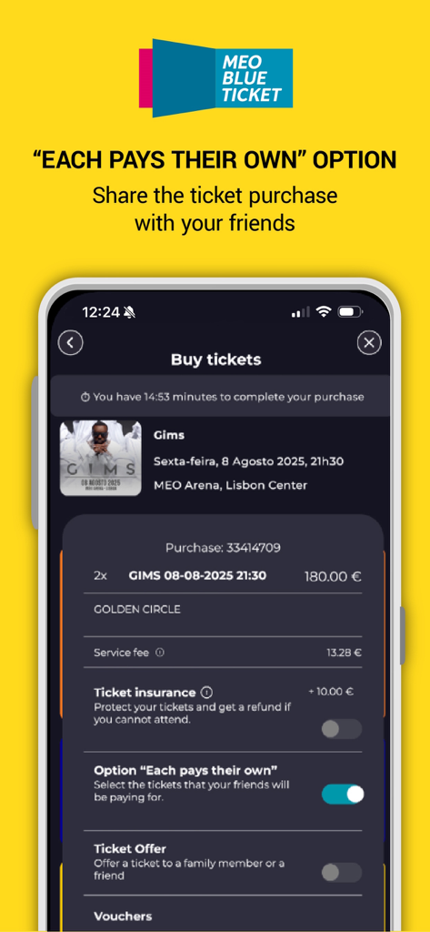 MEO BLUETICKET - A mobile app screen for MEO BLUETICKET showing the Each pays their own split payment feature for purchasing concert tickets.