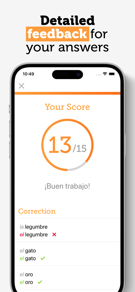 Spanish Grammar: Gramático - A mobile screen showing test results with a score of thirteen out of fifteen and detailed corrections for Spanish grammar exercises.