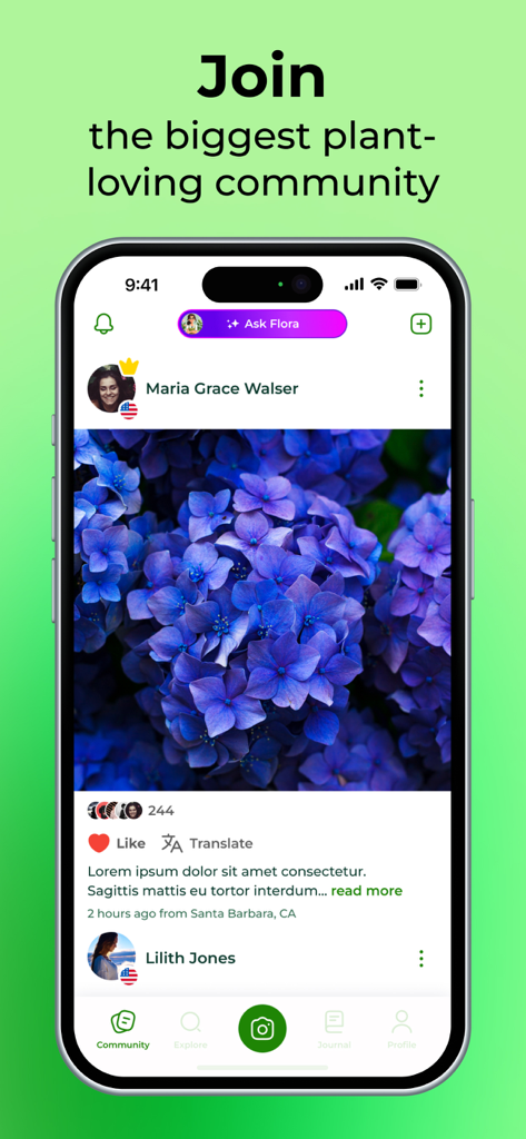 Ein Smartphone-Bildschirm, der den PlantSnap Community-Feed mit einem Foto von blauen Blumen zeigt, die von einem Benutzer geteilt wurden.