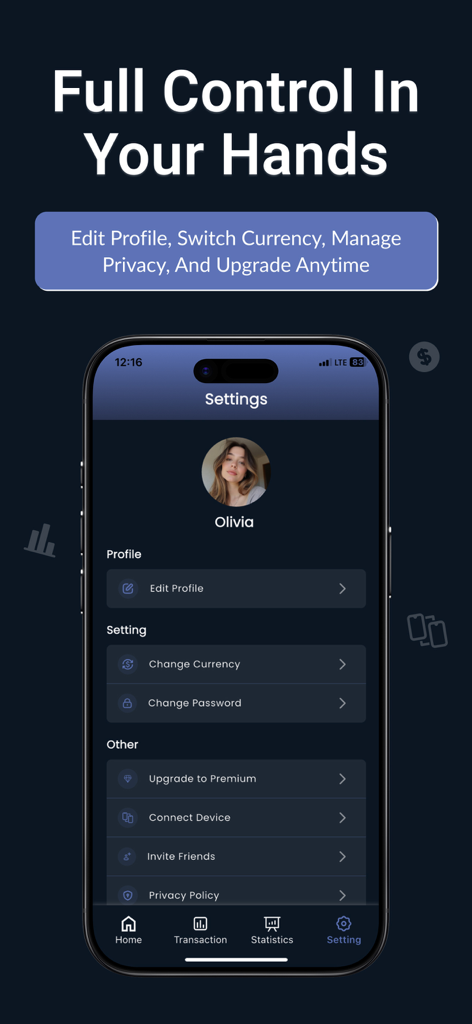 Tela de configurações do aplicativo Spend Smart mostrando o perfil do usuário e opções de gerenciamento de conta