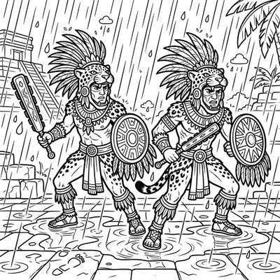 Dive into a unique scene featuring powerful Jaguar Warriors amidst a dramatic rainy day. This captivating coloring page blends ancient history with dynamic weather, perfect for creative minds.