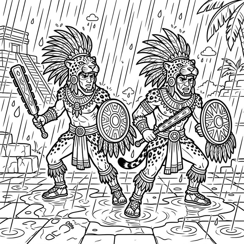 Dive into a unique scene featuring powerful Jaguar Warriors amidst a dramatic rainy day. This captivating coloring page blends ancient history with dynamic weather, perfect for creative minds.