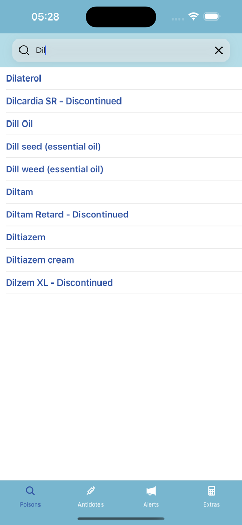TOXBASE - Search screen of the TOXBASE app displaying a list of toxins and medications