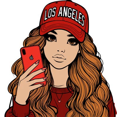 realistic beautiful girl wearing los ángeles cap holding an iphone