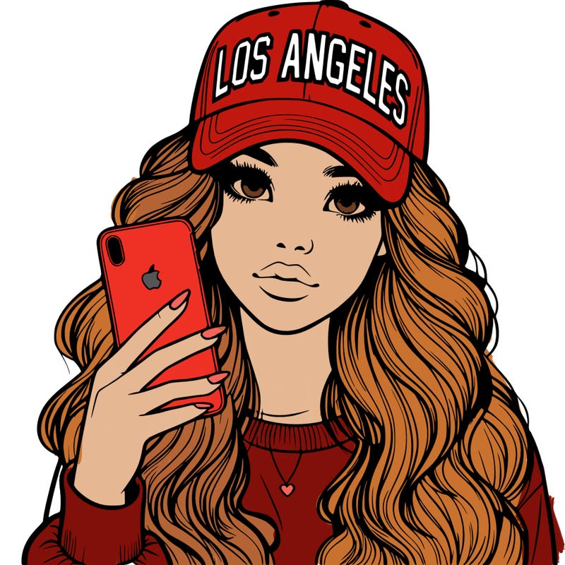 realistic beautiful girl wearing los ángeles cap holding an iphone