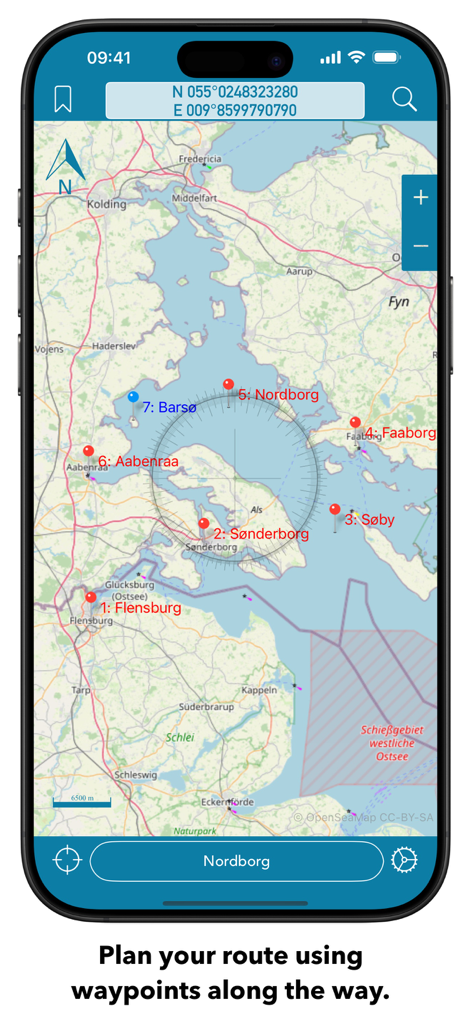 OpenSeaMap - OpenSeaMap nautical chart interface on a smartphone showing route planning with multiple waypoints and a compass overlay.