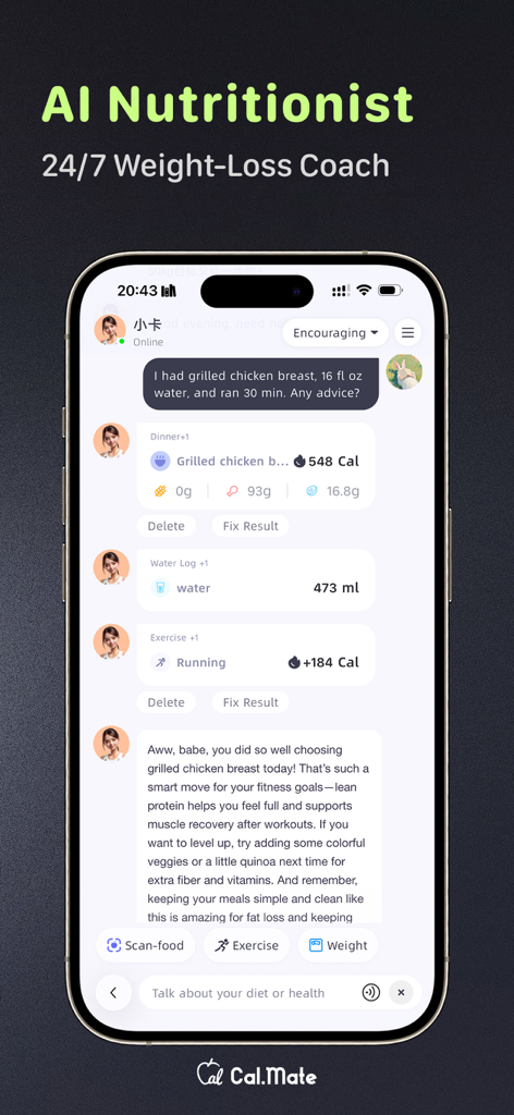 Calorie Tracker-CalorieMate - CalorieMate AI nutritionist chat interface showing meal and exercise tracking with coaching tips