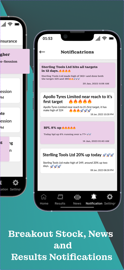 AI based swing Trading Tips - Une interface d'application mobile affichant les notifications de cassure d'actions en temps réel et les alertes de trading pour Sterling Tools et Apollo Tyres.