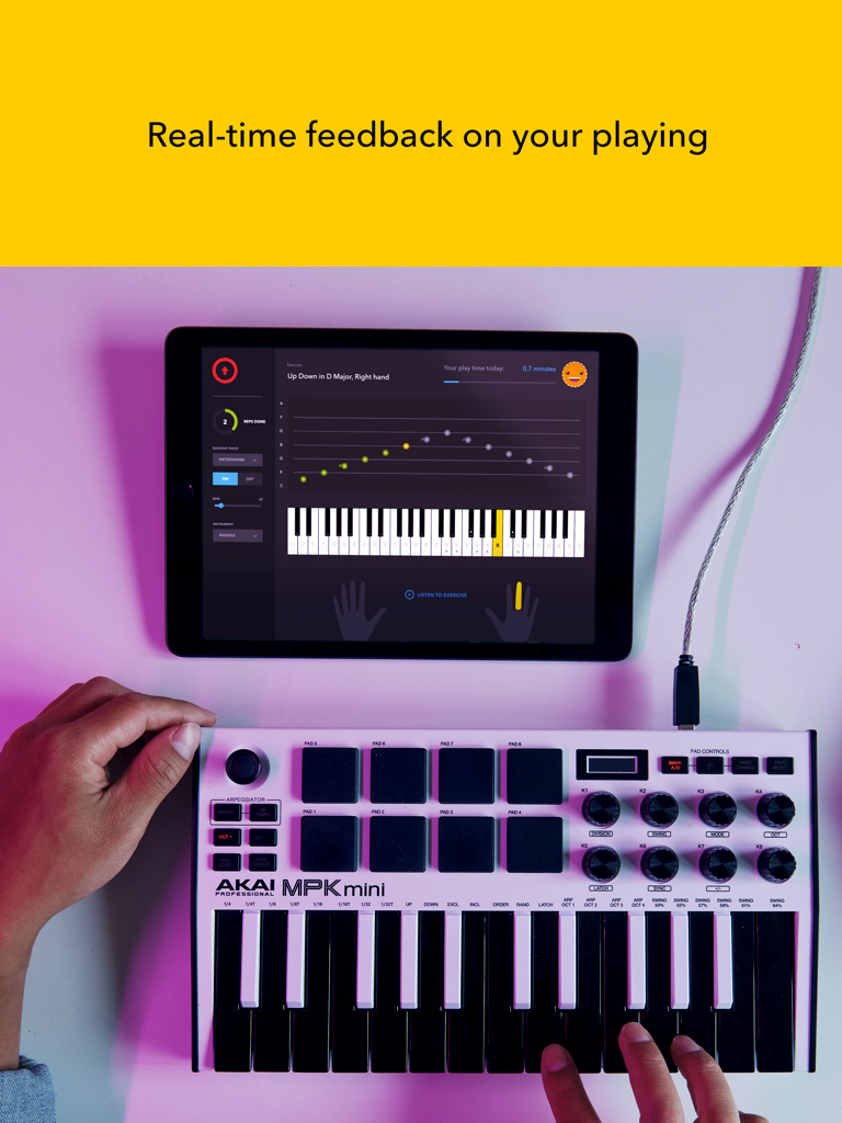 Melodics for iPad - Melodics for iPad app showing real time feedback while playing a MIDI keyboard