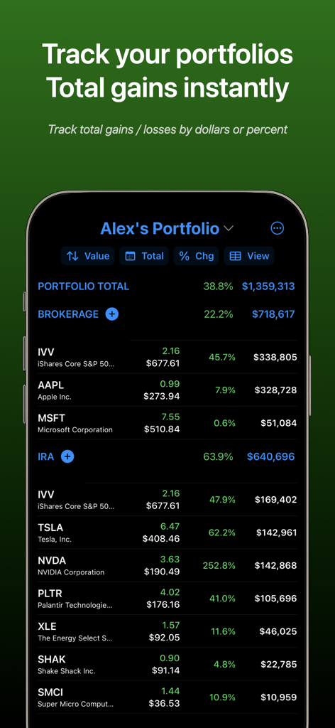 My Pocket Portfolio - Dashboard of My Pocket Portfolio app showing total investment gains and stock holdings across multiple accounts