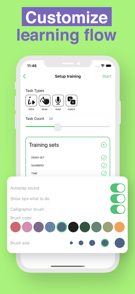 Pantalla de configuración de entrenamiento en la aplicación Robokana mostrando opciones para personalizar tipos de tareas, conjuntos de entrenamiento y ajustes de pincel caligráfico