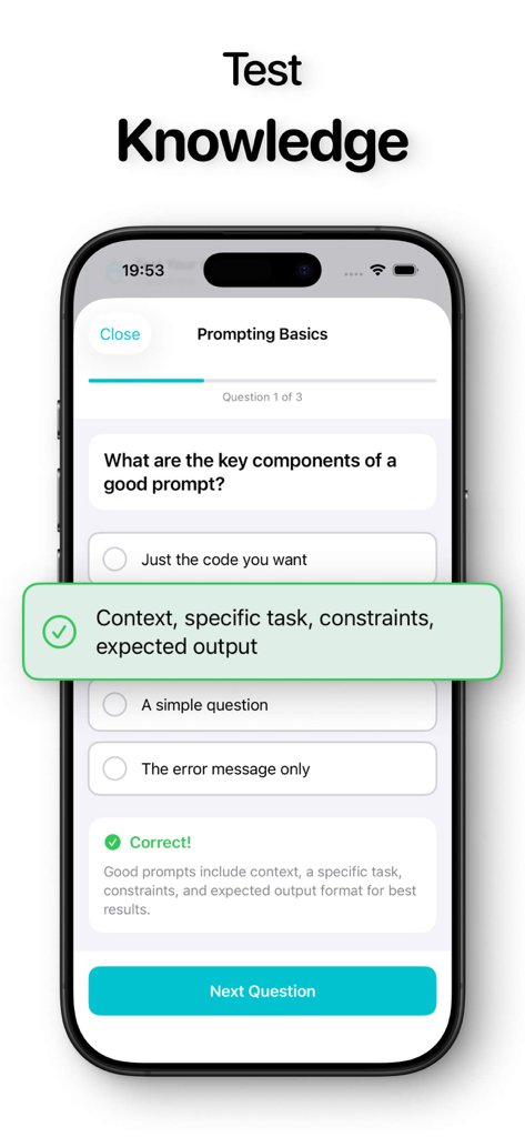 Mobile app screen showing a knowledge test question about the key components of a good AI prompt
