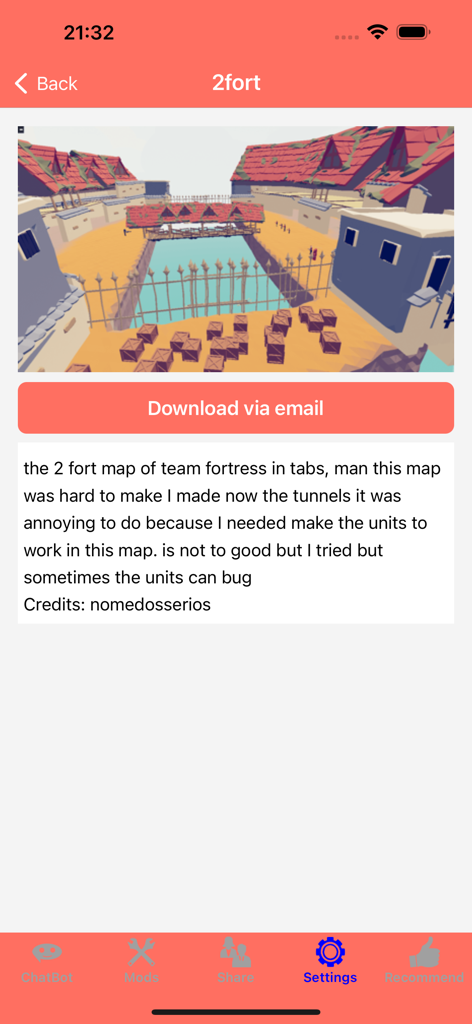 A detailed view of the 2fort map mod for Totally Accurate Battle Simulator within the app showcase.