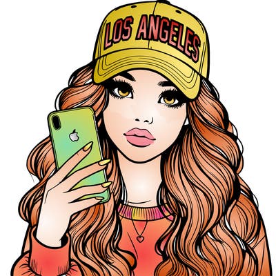 realistic beautiful girl wearing los ángeles cap holding an iphone