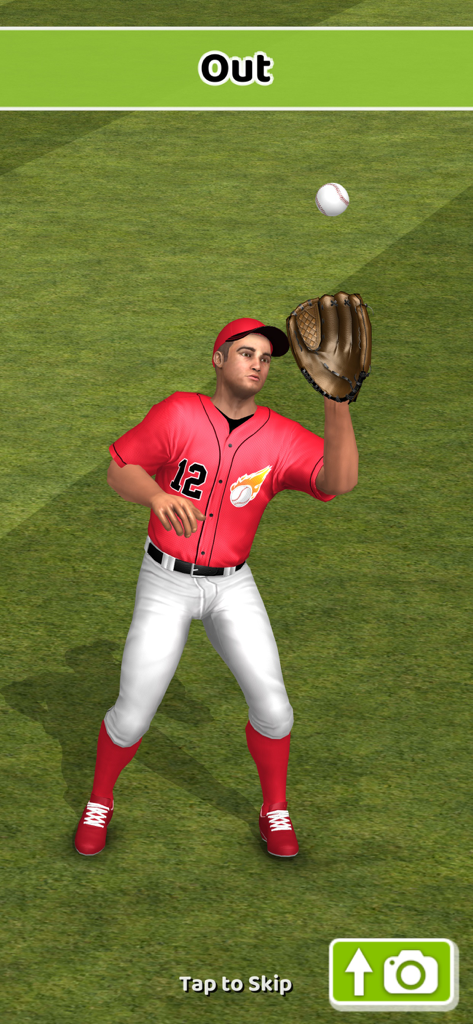 Baseball Game On: offline fun - Un fildeador de béisbol 3D realista con uniforme rojo atrapa una pelota para hacer un out