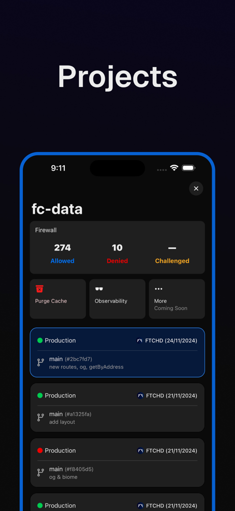 Vercel Mobile — Rev - Rev app interface displaying project firewall statistics and deployment history