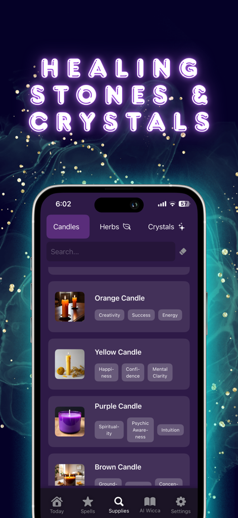 Witchcraft: Wicca Witch Spells - A mobile interface for a Wicca spell app showing a list of candles with their spiritual meanings like creativity and happiness.