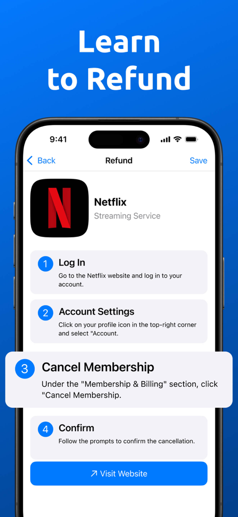 Subscription Trackerㅤ - Screenshot showing step-by-step instructions to cancel a Netflix subscription for a refund within the app