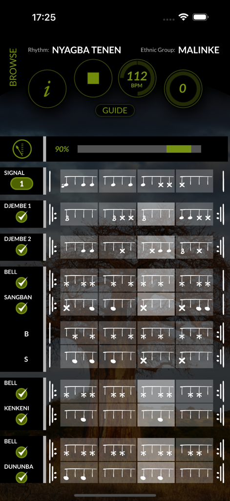 djembeföla! - Visual drumming notation for the Malinke rhythm Nyagba Tenen in the djembeföla app interface