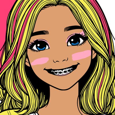 a girl with braces smiling with freckles realistic