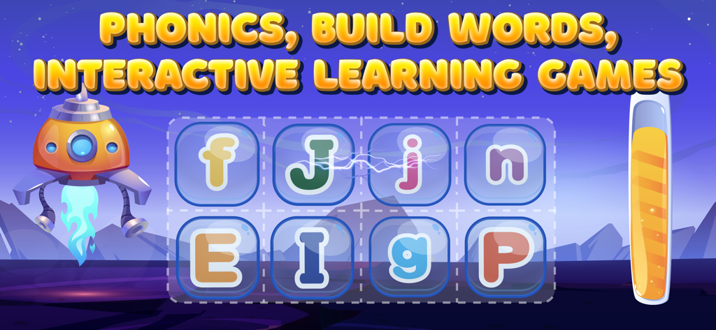 ABC learning games for kids 2+ - Pantalla de juego interactivo de fonética y construcción de letras para niños con temática espacial