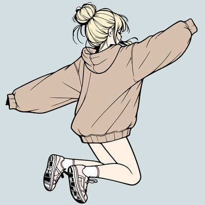realistic girl jumping with a bun and oversized sweatshirt