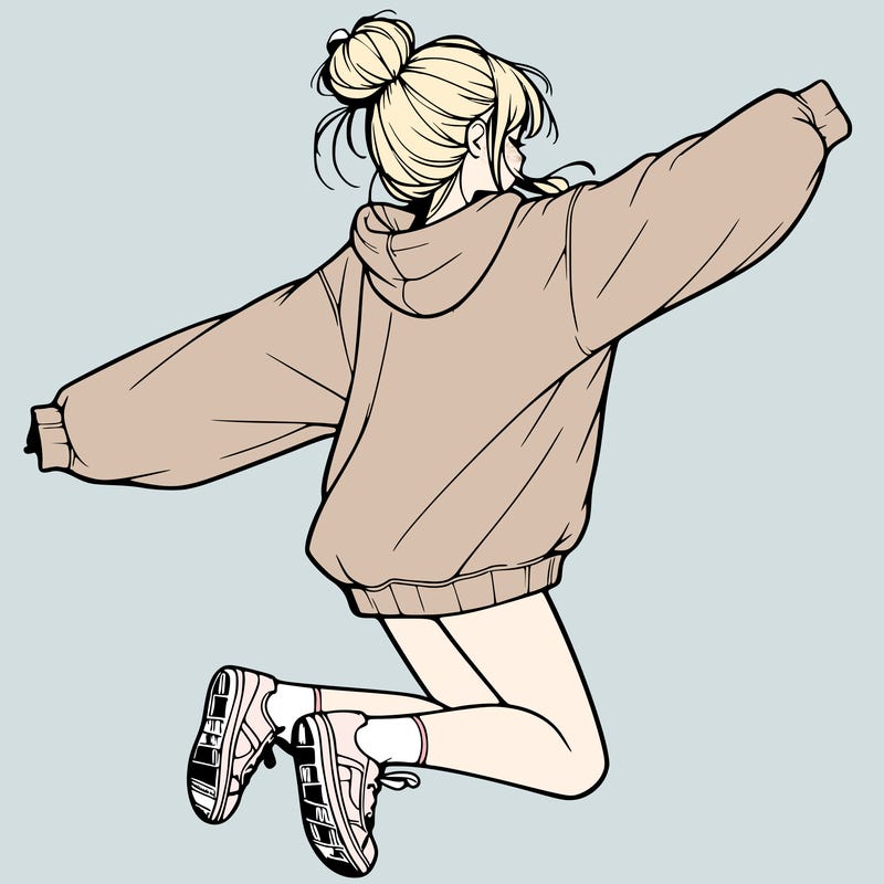 realistic girl jumping with a bun and oversized sweatshirt