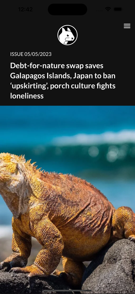 Squirrel News - A screenshot of the Squirrel News app displaying a constructive news headline about the Galapagos Islands with a photo of a land iguana