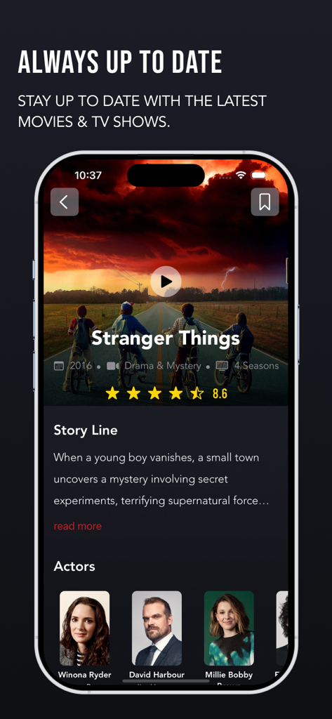 Moviez app screen showing details and cast for the show Stranger Things