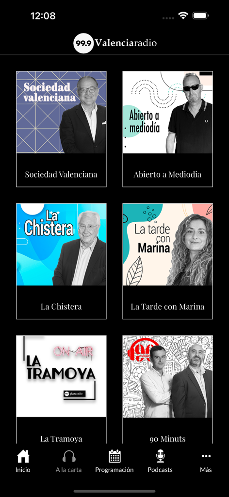 Pantalla de inicio de la app ValenciaRadio 99.9 mostrando una cuadrícula de programas de radio y podcasts