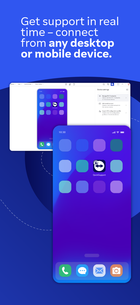 TeamViewer QuickSupport app interface showing real time remote connection from a desktop to a mobile device