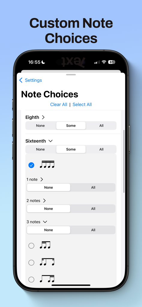 Rhythm Generator - Custom note choice settings in Rhythm Generator app for selecting rhythmic patterns