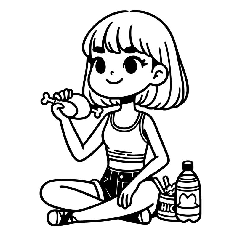 girl in shorts and crop top eating chicken